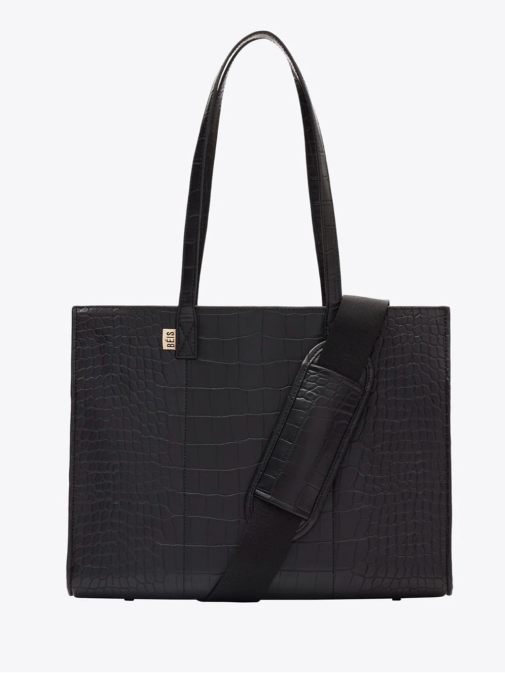 BEIS Black Croc-Embossed Tote with Detachable Strap